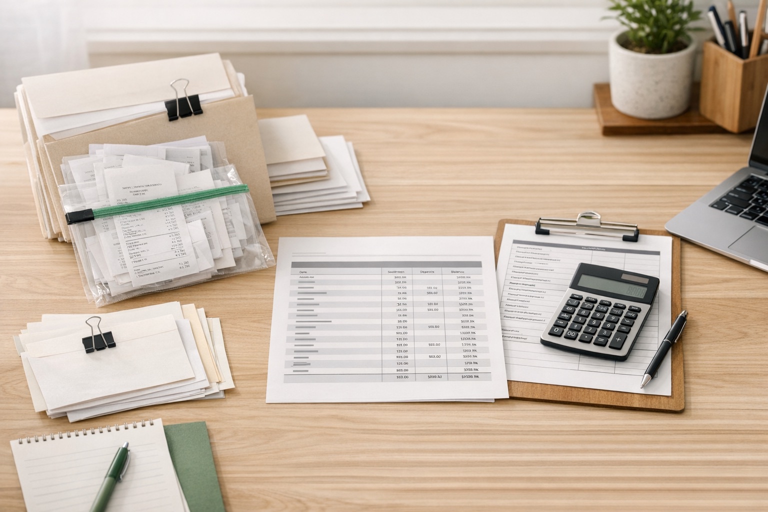 A bookkeeper desk with organized bank statements, supporting documents, and a calm review setup with natural light.