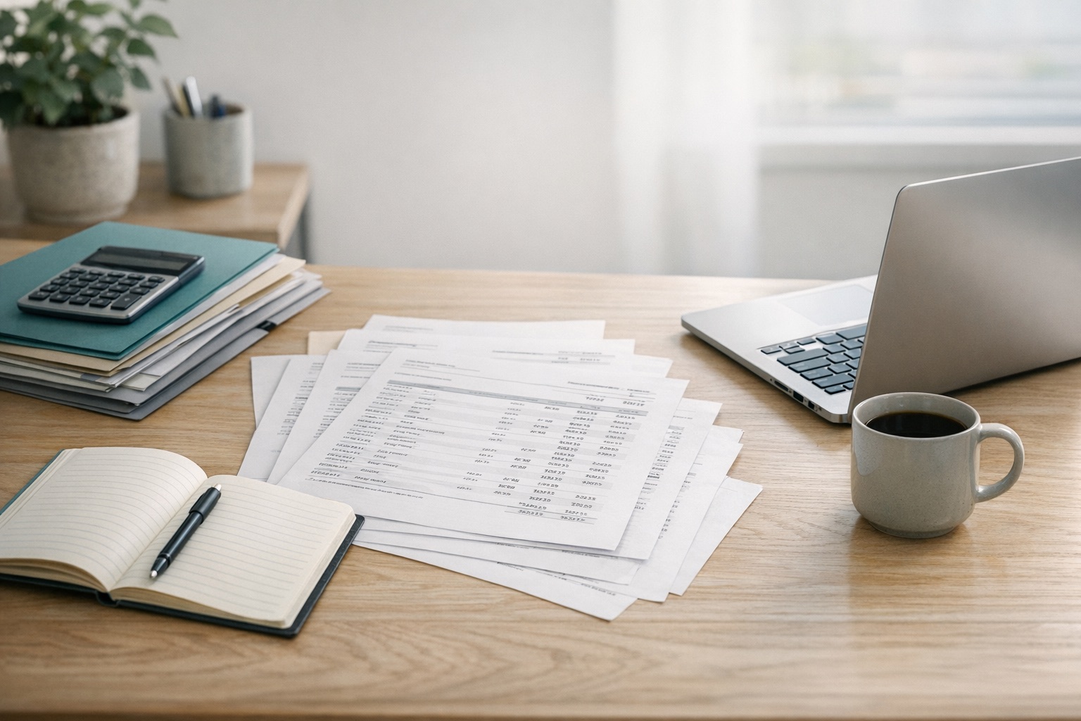 An editorial desk scene with bank statements, support files, and a tidy reconciliation workspace ready for month-end review.